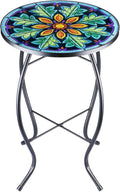 VCUTEKA Outdoor Side Table Mosaic End Table Patio Side Table Small End Table Glass Top Round Balcony Coffee Table Porch Indoor Glass Top
