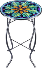 VCUTEKA Outdoor Side Table Mosaic End Table Patio Side Table Small End Table Glass Top Round Balcony Coffee Table Porch Indoor Glass Top