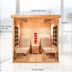 Infrared Wooden Sauna Room with Recliner, 2 Person Infrared Home Sauna, 220V，3400W, 5 Heating Tubes, 4 Carbon Crystal Heating Panel, Bluetooth Speakers, 7 Color Light, Oxygen Bar