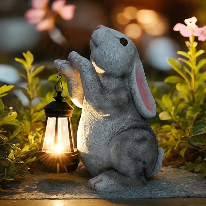 Solar Rabbit Garden Statues， Outdoor Bunny Figurines Decorations for Patio Yard Lawn Ornaments Christmas Housewarming Gift.