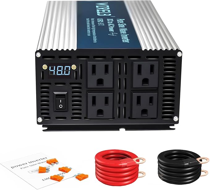 WZRELB 2000W Pure Sine Wave Inverter 48V DC to 110V 120V AC Power Converter with LED Display, Off-Grid Portable Power Inverter with 4 AC Outlets for Home, RV, Truck, Camping