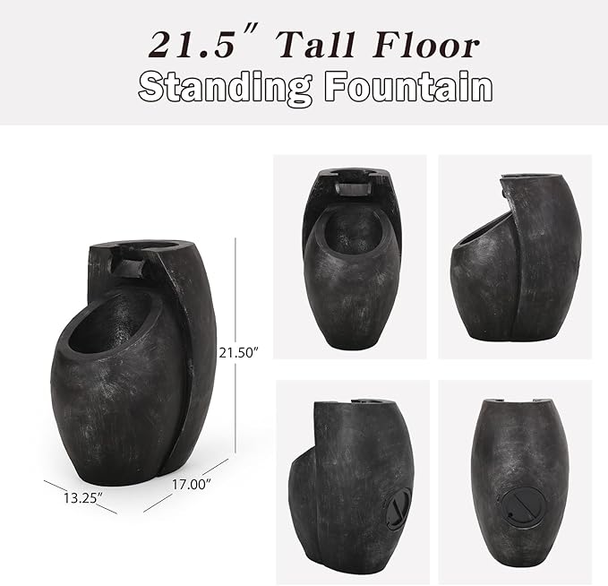 Backyard Water Fountain – 21.5” Tall Floor Standing Fountain, Indoor/Outdoor Modern Two-Tier Waterfall for Garden, Patio, or Yard Décor