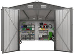 10x14 FT Large Outdoor Storage Shed,Durable Metal Garden Shed with Three Lockable Doors and Two Windows,Waterproof Tool Shed for Backyard Patio,All-Weather Shelter for Bike,Lawn Mowers,Grey