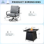 MFSTUDIO 5 Pieces Patio Conversation Sets, Outdoor Metal Furniture Sofas with 1 x 28 50,000 BTU Square Propane Gas Fire Pit Table and 4 x Steel Frame Patio Sofa Swivel Chairs with Grey Cushion