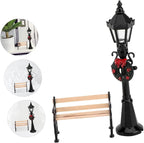2pcs Christmas Street Lamp Post and Miniature Park Bench Seat Mini Street Light Model Dollhouse Christmas Village Pathway Lantern Post Fairy Garden Accessories