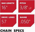 KAKEI Echo Chainsaw Chain 16 Inch 3/8" LP Pitch .050" Gauge 57 Drive Links- 91PX57CQ/ 91VG57CQ Fits Echo CS-3510/352/3400/400, Worx WG300,WG303 - S57 (3 Chains) - Semi Chisel