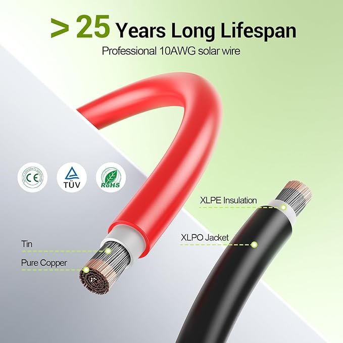 10Feet 10AWG Solar Extension Cable, 10 Gauge Solar Panel Wire with Female and Male Connectors for RV, Off-Grid Photovoltaic Systems(Black+Red)