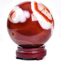 JIC Gem Large Red Agate Crystal Ball 4 inch(100mm) Round Healing Crystals Decorative Sphere with Wooden Stand Meditation Witchcraft Home Decor