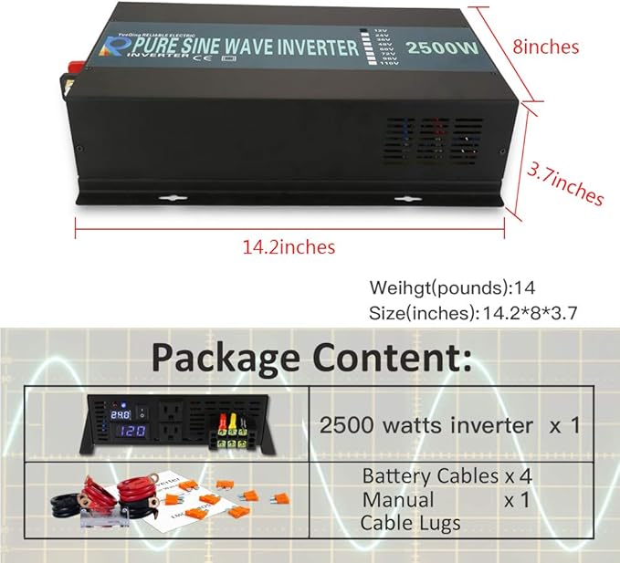 WZRELB 2500W 48V 120V Pure Sine Wave Power Inverter with 2 AC Outlets,Car Inverter