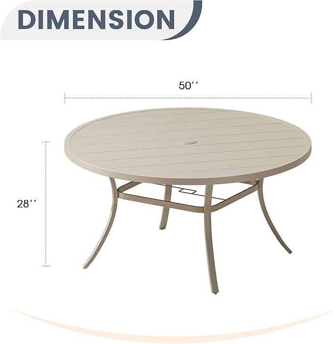 VICLLAX 50" Outdoor Round Patio Dining Table for 4-6, All Weather Metal Dining Table with Umbrella Hole for Deck Lawn Garden Backyard, Sandshell