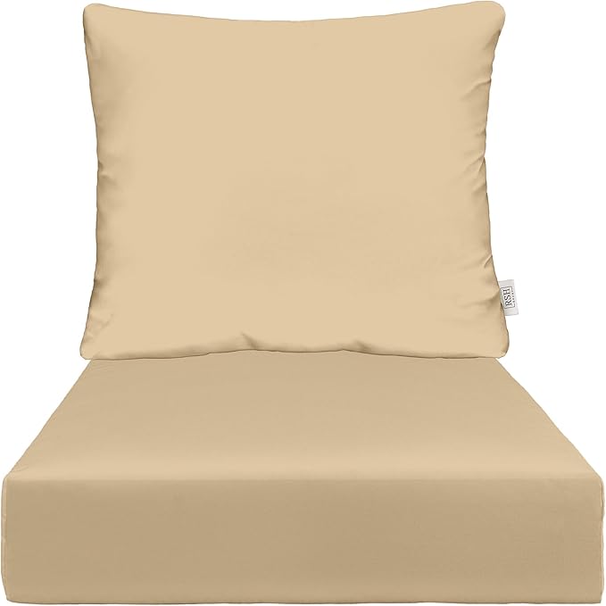 RSH DECOR Deep Seating Cushion with Pillow Back | 23” x 25” x 5" Seat | Water and Fade-Resistant Spun Fabric | Made in USA | Outdoor Chair Cushion Set for Patio Furniture (Tan)