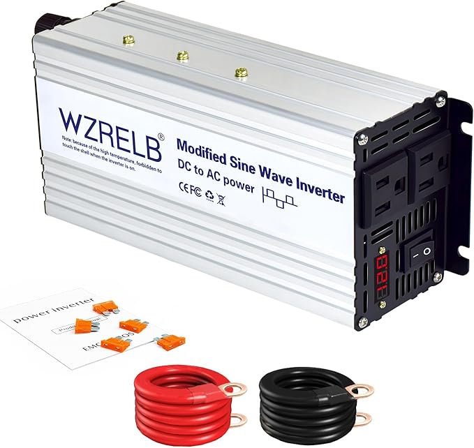 WZRELB 1000W Power Inverter 12V DC to 110V 120V AC,2000W Peak Modified Sine Wave Car Inverter with LED Display,Dual AC Outlets,Soft Starter,Off-Grid Power Converter with High Efficiency up to 90%