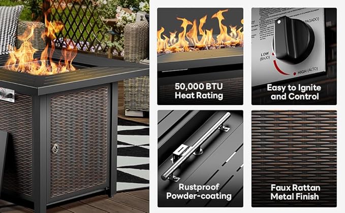 Wicker Outdoor Swivel Chairs Set of 4 with Fire Pit Table, 5 Pieces Patio Furniture Set with Fire Pit Table for Yard, Deck, Garden, Grey/Grey
