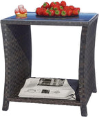 Outdoor Rattan Side Table, Modern Patio End Side Table with Glass Top and Storage Shelf, Wicker Side Table for Yard, Balcony, or Livingroom