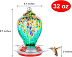 WOSIBO Hummingbird Feeder for Outdoors Patio Large 32 Ounces Colorful Hand Blown Glass Hummingbird Feeder with Ant Moat Hanging Hook, Rope, Brush and Service Card (Green)