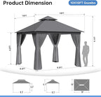 Outdoor Gazebo Metal Frame Patio Pergola Double Roofs Patio Canopy with Double-Layer Door and Mosquito Netting for Deck, Backyard, Lawn (Grey, 10x10FT)