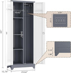 GREATMEET 65" Garage Storage Cabinet, Broom Closet Storage Cabinet, Storage Shed, Metal Cabinets with Doors and Shelves, Tool Shed for Brooms and Mops, Utility Cabinets for Storage, Grey&White