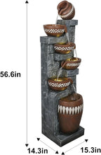 56.6" H 6-Tier Outdoor Water Fountain with LED Lights - Tall Cascading Jars Waterfall Feature with Tribal-Inspired Design for Garden, Patio, Yard, and Home Décor