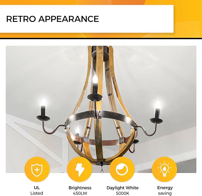Hizashi Candelabra LED Light Bulbs, 90+ CRI, E12 LED Bulb Dimmable 40W, 5000K Daylight White 4W 450LM, CA10 Chandelier Light Bulbs, Flame Tip Candle Light Bulbs, UL Listed - 24 Pack