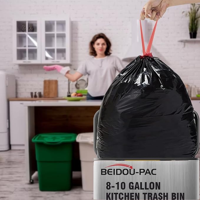 8-10 Gallon Trash Bags Drawstring, 60 Count Bulk, Black & Unscented Multi-purpose Garbage Bags for Business Home Bathroom Kitchen Commercial and Industrial