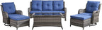 Wicker Outdoor Conversation Set-6 Pieces Outdoor Wicker High Back Couch with Swivel Rocker Chairs Patio Furniture for Deck Poolside Backyard-Grey/Blue