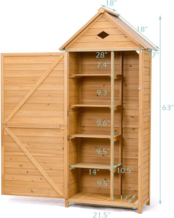 Goplus Outdoor Storage Shed, Lockable Fir Wood Garden Tool Storage Cabinet with Galvanized Sheet Roof for Garden, Yard, Natural Color