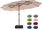 GREEN PARTY 15 ft Rectangle Patio Umbrella with Solar Lights and Base Included, Double-Sided Market Table Umbrella with Crank, Large Outdoor Umbrellas for Patio Poolside Garden Backyard, Beige
