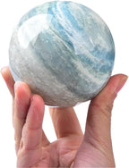 JIC Gem Natural Trolleite Crystal Ball Sphere Blue Healing Crystal Gemstone Ball with Display Stand Home Decor Meditation Grid Energy Balance (70-80mm)