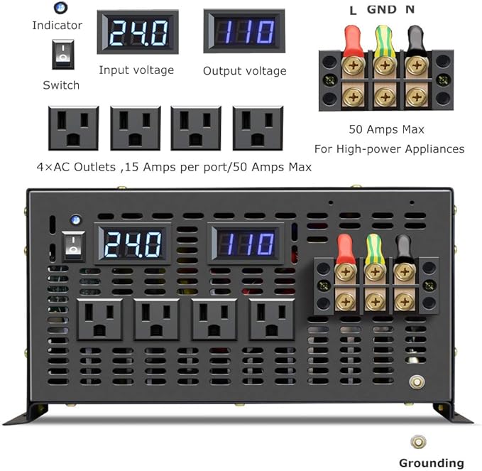 WZRELB Pure Sine Wave 6000W (10000W Surge) 24VDC 120VAC Power Inverter - Solar, RV (RBP-600024S)