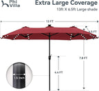 PHI VILLA 13ft Patio Umbrella with Solar-Powered 120 PCS LED Color-Changing Lights, Triple-Head Large Rectangle Umbrella Outdoor Patio for Table with Crank Lift,Red(No Base)