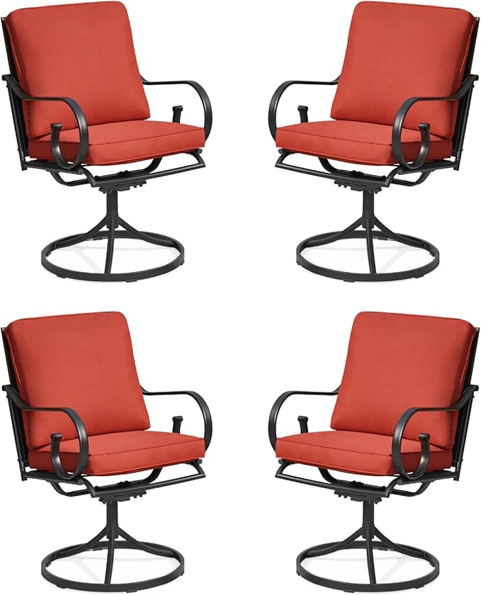 MELLCOM Patio Swivel Chairs Set of 4, Heavy Duty Outdoor Dining Chairs with Thickened Cushions, Metal Patio Chairs Gentle Rocker for Outside, Backyard, Red