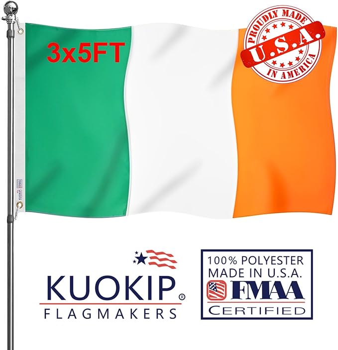 Double Sided Ireland Flag 2x3 Made in USA Outdoor Heavy Duty 3 Ply Polyester Irish Flag with White Starting Tape and 2 Brass Grommets