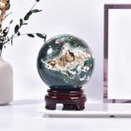 Large Moss Agate Crystal Sphere Natural Healing Crystal Ball with Stand Meditation Decorative Balls Home Decor 100-110mm/3.9-4.3"