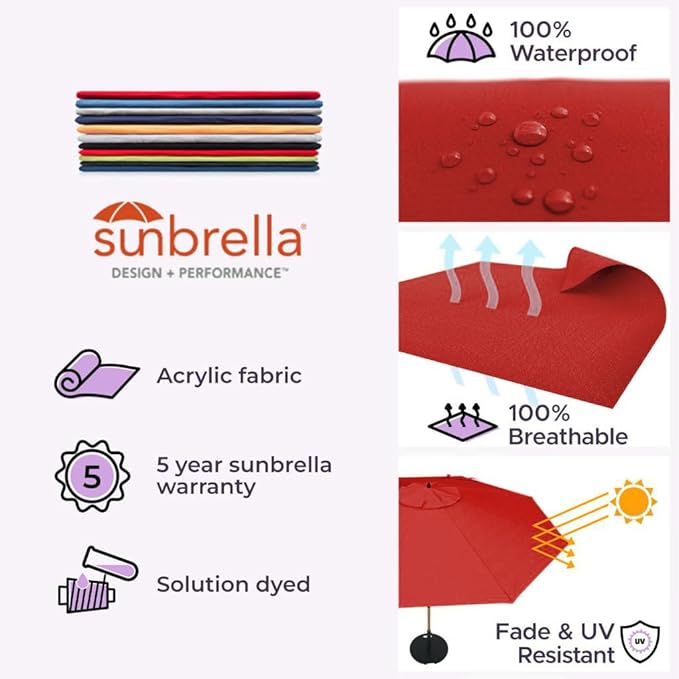 Midtown Umbrellas Sunbrella Umbrella Large Patio Umbrella 2-10 Feet in Sunbrella Red Fabric Auto-Tilt Aluminum Frame Backyard Umbrella, Deck Umbrella, Garden Umbrella & Porch Umbrella - Wooden Pole