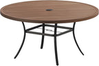VICLLAX Outdoor Patio Round Dining Table, 60"x 60" Metal Slatted Round Tabletop with Adjustable Umbrella Hole for Deck Lawn Garden Backyard, Walnut