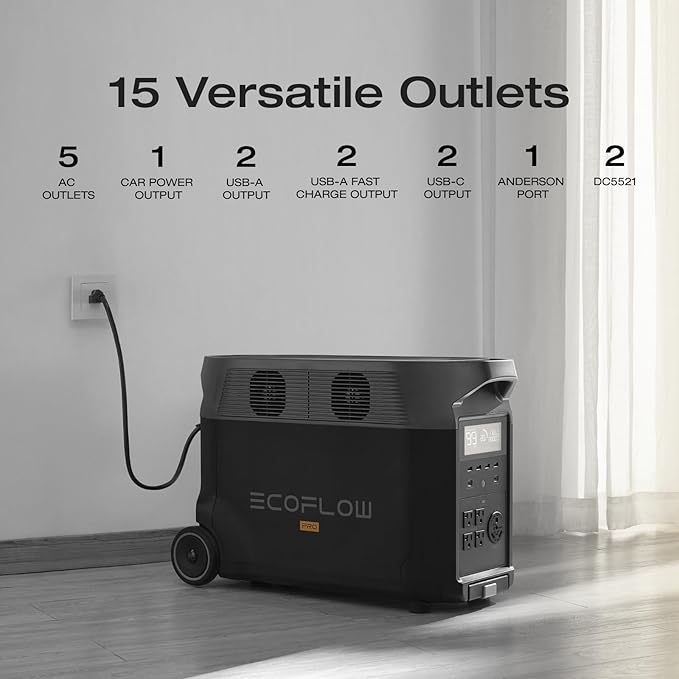 EF ECOFLOW Portable Power Station 3600Wh DELTA Pro, 2.7H to Full Charge, 5 AC Outlets, 3600W, 120V Lifepo4 Power Station with Expandable Capacity, Solar Generator for Home Use, Blackout, RV