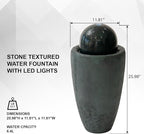 XBrand 25.98" H Round Stone Indoor/Outdoor Modern Stone Textured Sphere Water Fountain w/LED Lights, Ball Fountain Decor, Dark Green