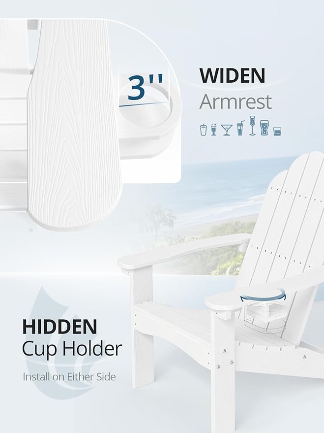LUE BONA HDPE Adirondack Chairs Set of 4,Plastic Adirondack Chairs with Cup Holder Weather Resistant for Outdoor, Patio, Lawn, Garden, Backyard Deck, Fire Pit, White