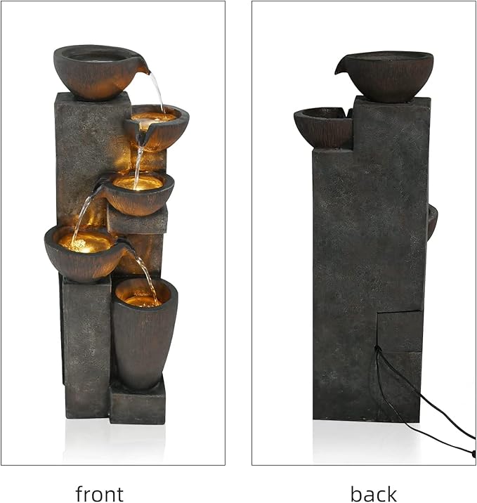 40" Outdoor Water Fountain with LED Lights 5-Tier Polyresin Rock Indoor Modern Floor-Standing Waterfall Fountains for Home Garden, Yard, Patio, Office, Deck Home Art Decor Brown