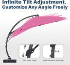 11FT Cantilever Umbrella with Base Large Curvy Outdoor Aluminum Offset Umbrella w/ 360° Rotation, UV Resistant Canopy for Patio, Garden, Backyard, Rose Pink
