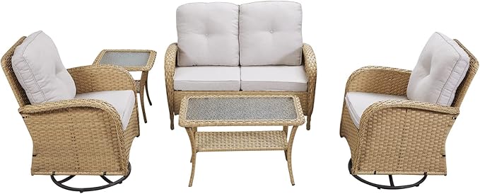 HUMMUH 5-Piece Patio Furniture Wicker Outdoor Conversation Set,All-Weather Rattan Swivel Chairs Bistro Set with Loveseat Coffee Table for Backyard,Poolside,Deck (Yellow/Beige)