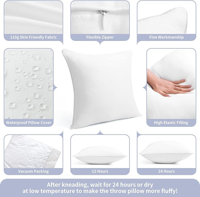 22 x 22 Outdoor Throw Pillow Inserts Set of 2 Waterproof Square Premium Decorative Couch Pillow Stuffers Form Large White Sofa Cushions Indoor
