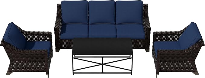 Vista Vibe 4 Pieces Outdoor Patio Conversation Furniture Set - 78" 3-seat Sofa | 2 Chairs | Metal Coffee Table, Deep Seat Loveseat, Removable Cushions, PE Rattan Couch, Lawn (Brown/Navy)