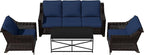 Vista Vibe 4 Pieces Outdoor Patio Conversation Furniture Set - 78" 3-seat Sofa | 2 Chairs | Metal Coffee Table, Deep Seat Loveseat, Removable Cushions, PE Rattan Couch, Lawn (Brown/Navy)