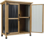 Outdoor Storage Cabinet, Small Wood & Metal Storage Shed with Lockable Doors & Adjustable Shelves, Vertical Outdoor Cabinets for Patio Backyard,Garden Tool Shed and Accessories, Brown