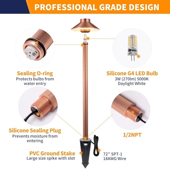 Gardenreet Brass Copper Low Voltage Pathway Lights, Waterproof Landscape Outdoor Path Light, 12V LED Bronze Hat Top Driveway Lamp for Garden Yard House with 3W 270LM 5000K G4 Bulb 6 Pack