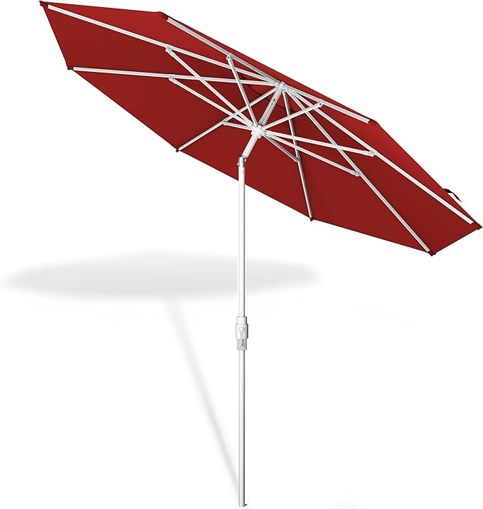 Midtown Umbrellas The Swilt 10 Feet Patio Umbrella in Sunbrella Red Acrylic Fabric - Fiberglass Ribs, Auto-Tilt Aluminum Frame For Backyard, Deck, Garden, Pool - White Pole