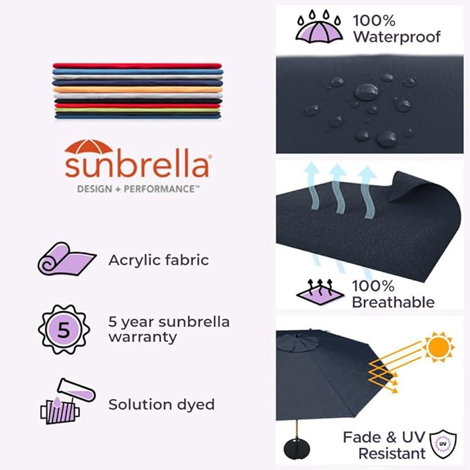 Midtown Umbrellas The Wooden 9 Feet Patio Umbrella With Sunbrella Canvas Navy Acrylic Fabric - Aluminum Frame Market Umbrella For Backyard, Deck, Garden, Pool - Wooden Pole