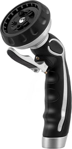 RESTMO Hose Nozzle with Easy Self-Lock Trigger, Heavy Duty Metal Water Hose Sprayer with 9 Spray Patterns and On/Off Valve, Ideal for Outdoor Lawn & Garden Watering, Car & Pet Washing, Silver