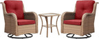 HUMMUH 3-Piece Swivel Rocking Rattan Chair Outdoor, Patio Bistro Furniture Conversation Set, Cushioned Wicker Chair with Glass Coffee Table(Yellow,Red)